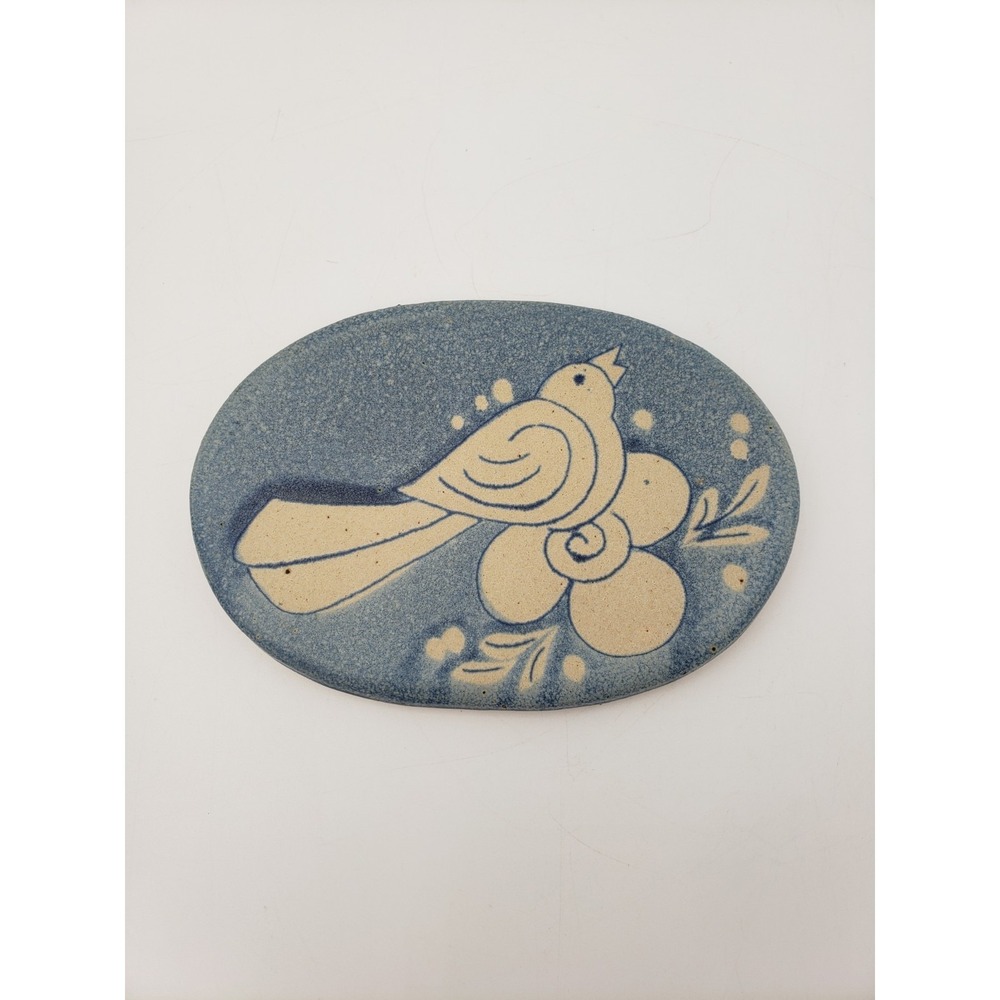 Vtg Petteford Pottery Oval Trivet Coaster Blue‎ White Songbird Floral California